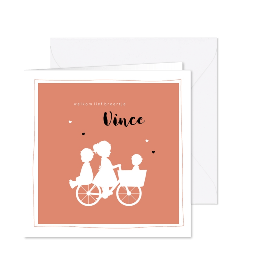 Geboortekaartje bakfiets zus met broertjes silhouet - Kaartimpressie