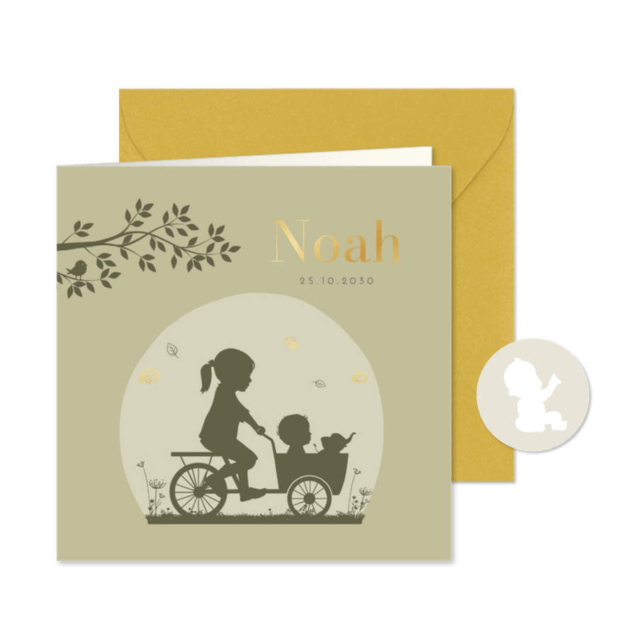 Geboortekaartje bakfietsje met zusje watercolor - Kaartimpressie