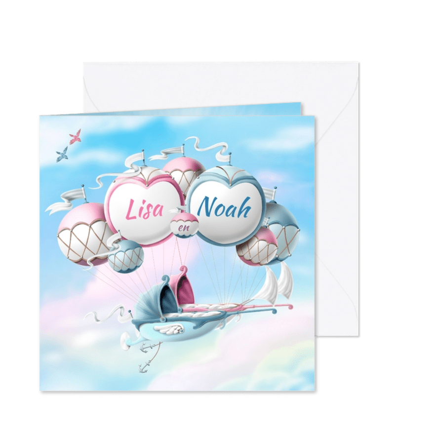 Geboortekaartje ballonnen met wiegjes tweeling jongen meisje - Kaartimpressie