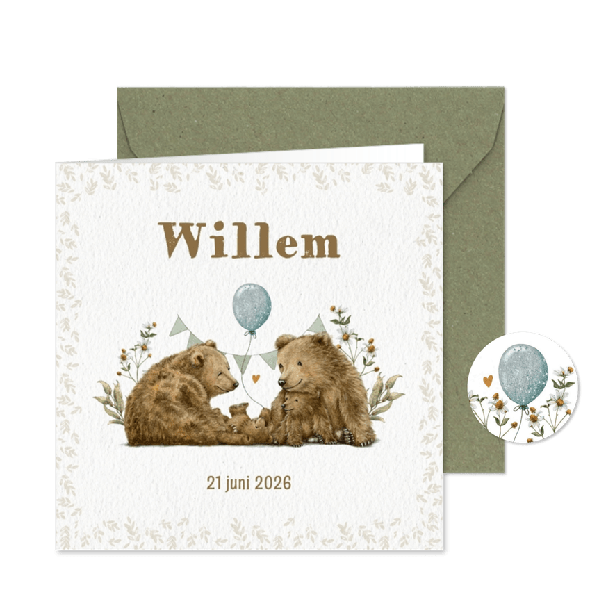 Geboortekaartje beer met ballon tussen familie en bloemen - Kaartimpressie