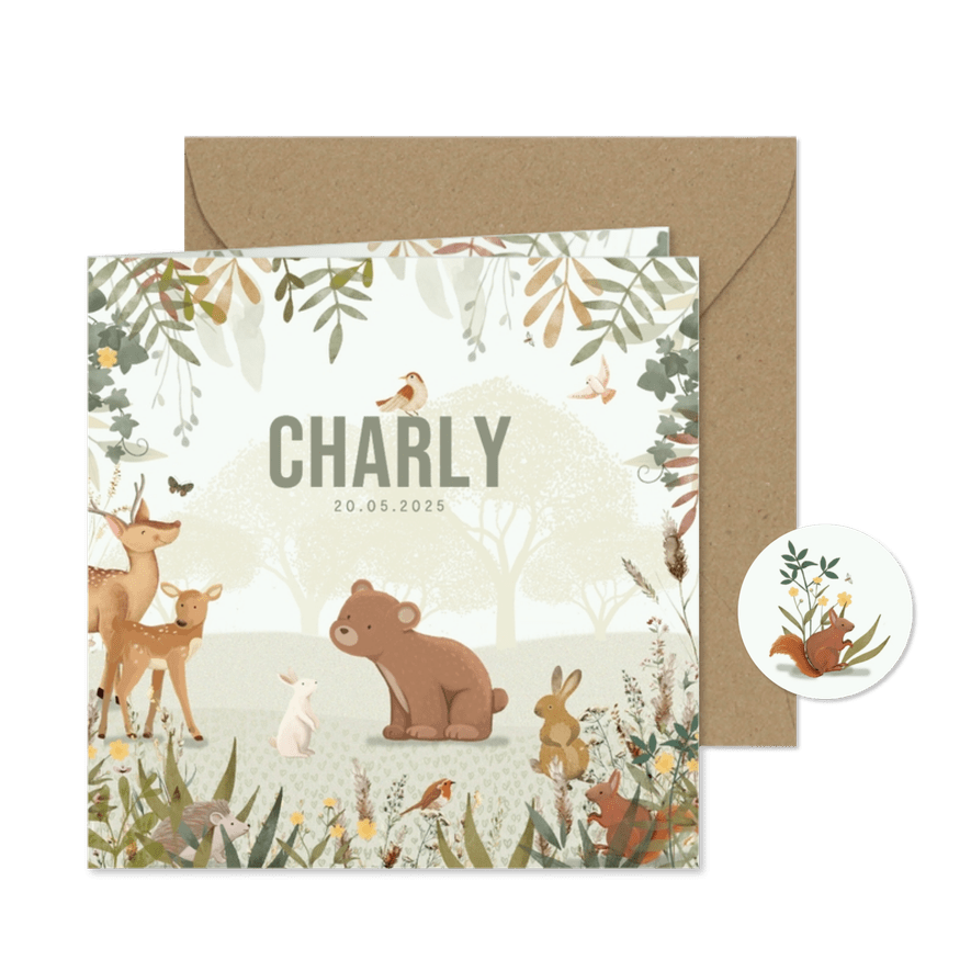 Geboortekaartje beer met takjes en dieren - Kaartimpressie