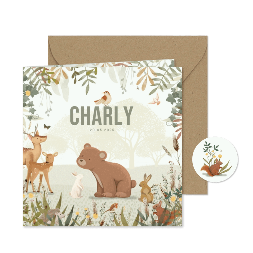 Geboortekaartje beer met takjes en dieren - Kaartimpressie