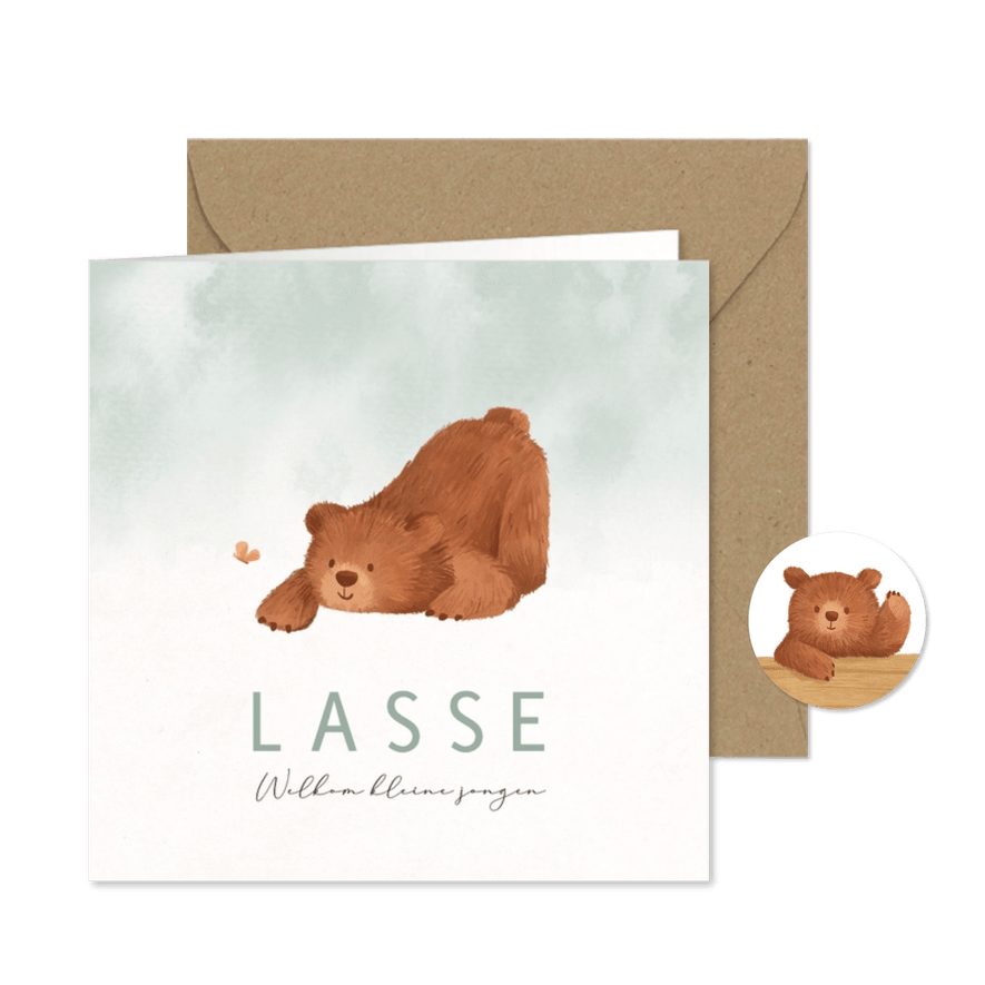 Geboortekaartje beer vlinder waterverf groen lief - Kaartimpressie