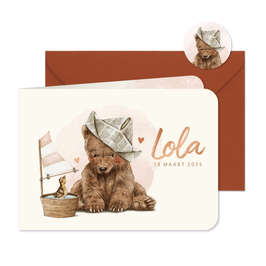 Geboortekaartje beertje en eendje op waterverf achtergrond - Kaartimpressie