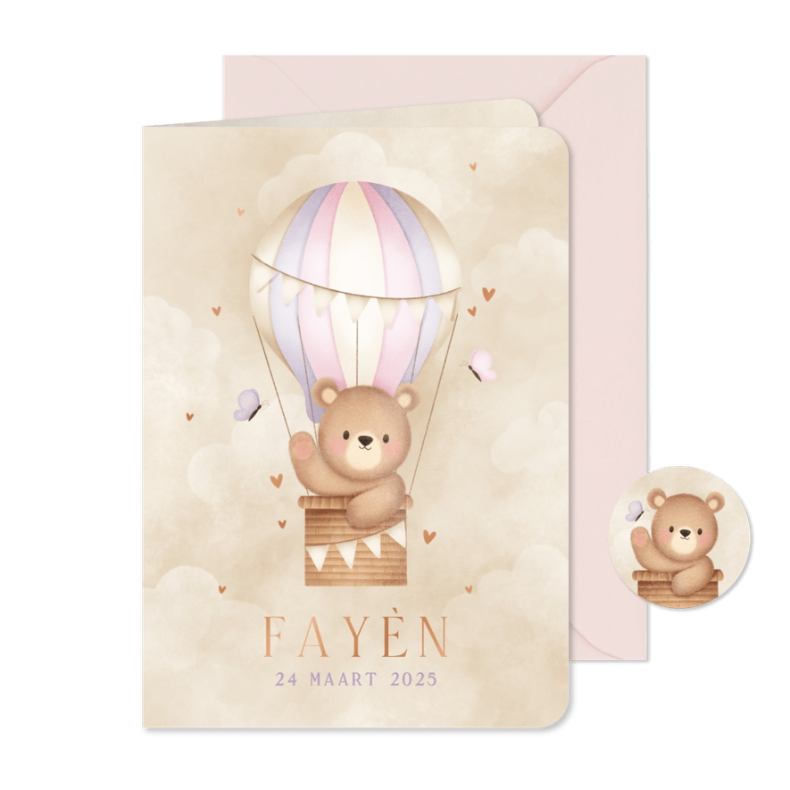 Geboortekaartje beertje in luchtballon vlinders en hartjes - Kaartimpressie