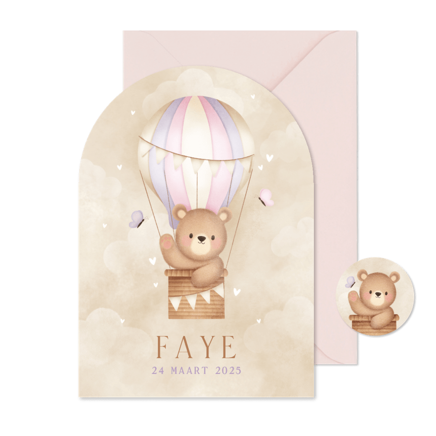 Geboortekaartje beertje in luchtballon vlinders en wolkjes - Kaartimpressie