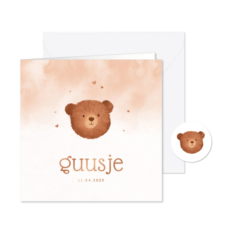 Geboortekaartje beertje schattig hoofdje meisje hartjes verf - Kaartimpressie