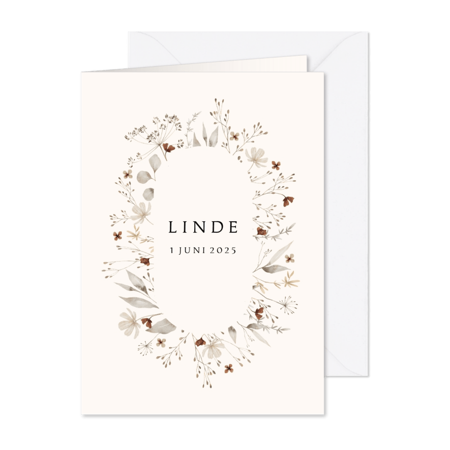 Geboortekaartje beige bloemenkrans aanpasbare kleur - Kaartimpressie
