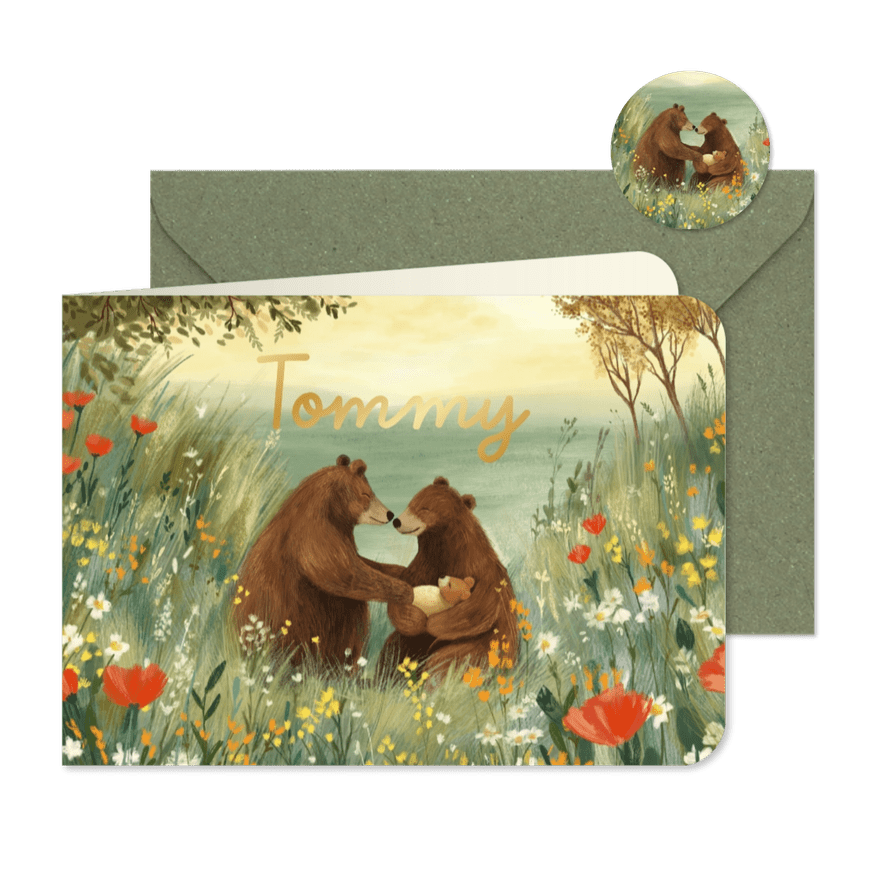 Geboortekaartje beren in een bloemenveld - Kaartimpressie