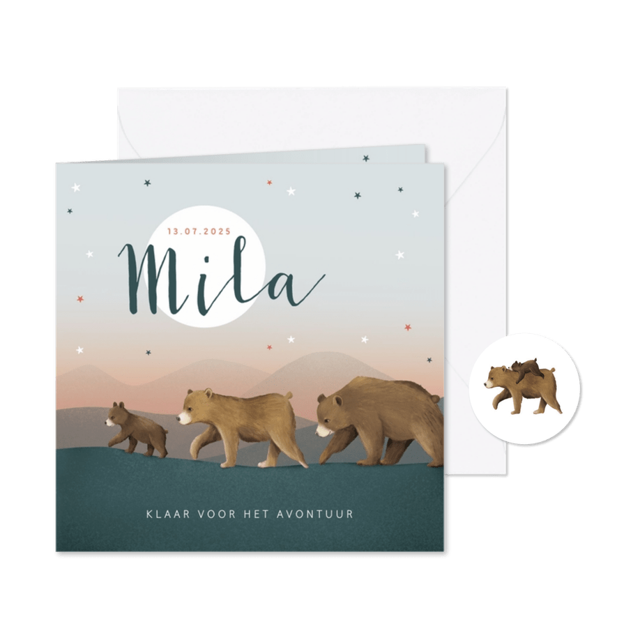 Geboortekaartje berenfamilie illustratie meisje sterren maan - Kaartimpressie