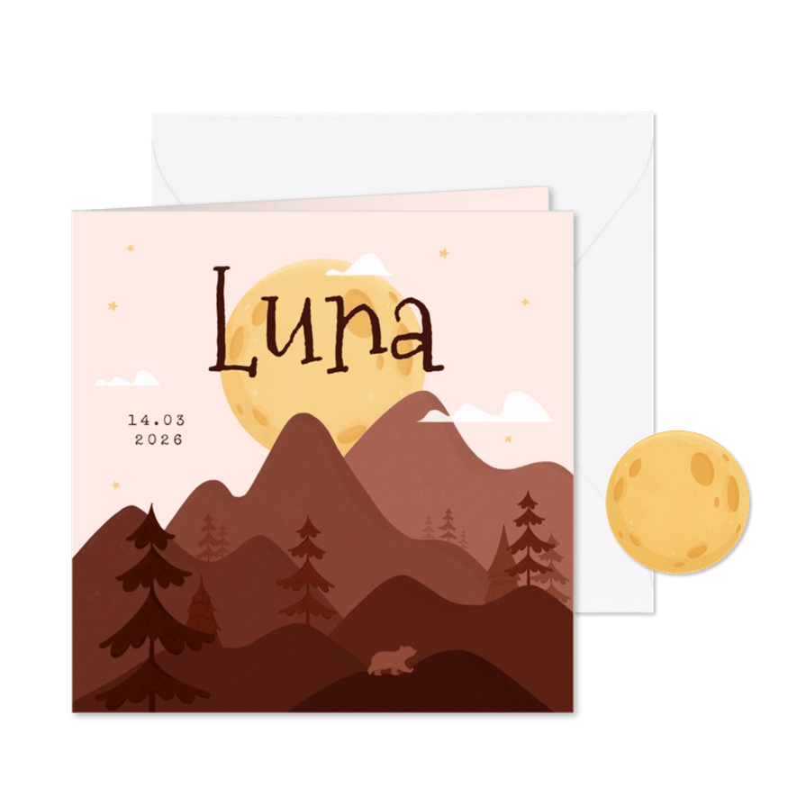 Geboortekaartje bergen bomen beren maan meisje - Kaartimpressie