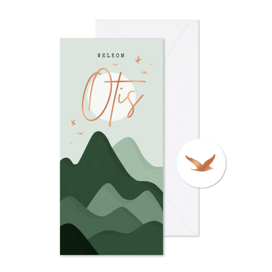 Geboortekaartje bergen maan natuur vogels koperkleur - Kaartimpressie