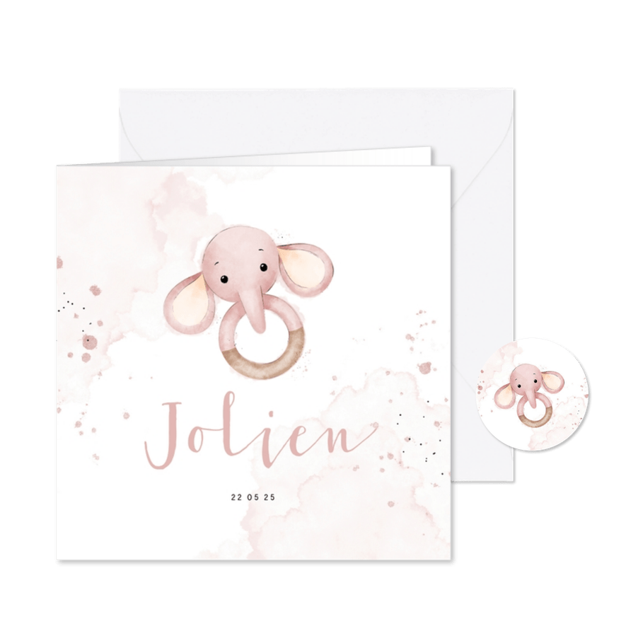 Geboortekaartje bijtring met lief olifantje - Kaartimpressie