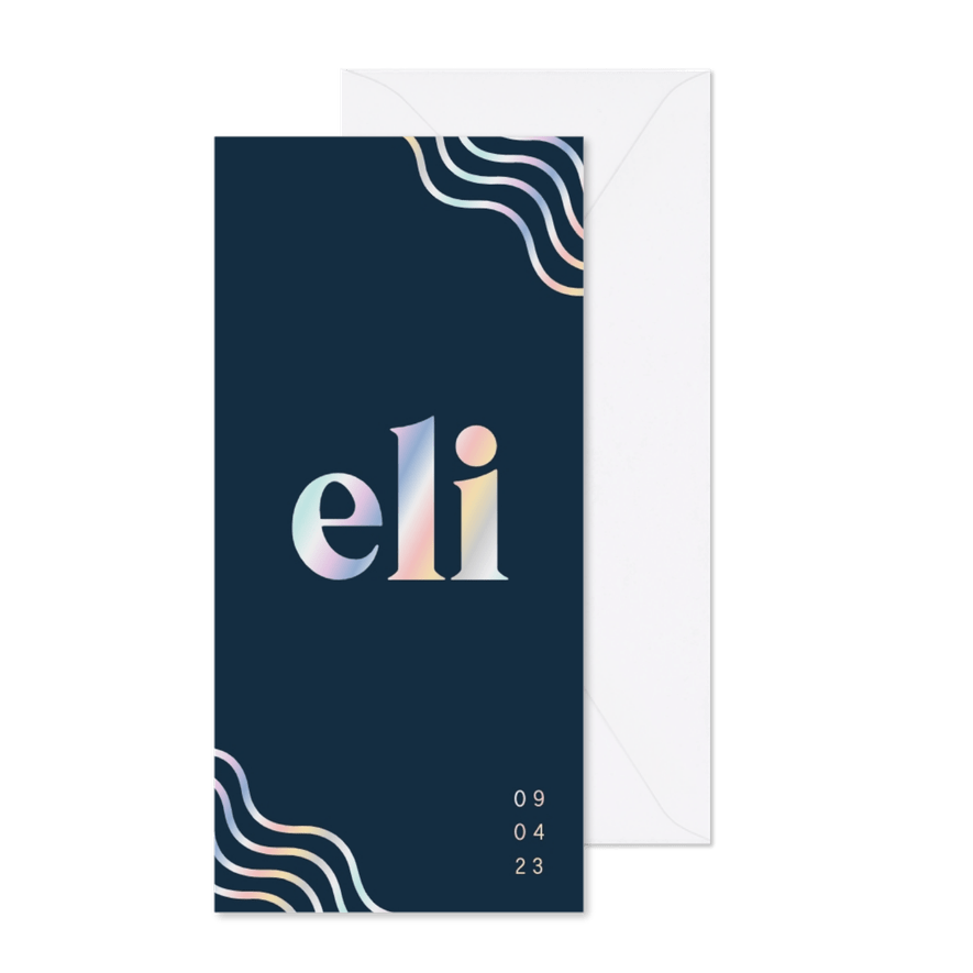 Geboortekaartje blauw abstracte lijnen & holografisch folie  - Kaartimpressie