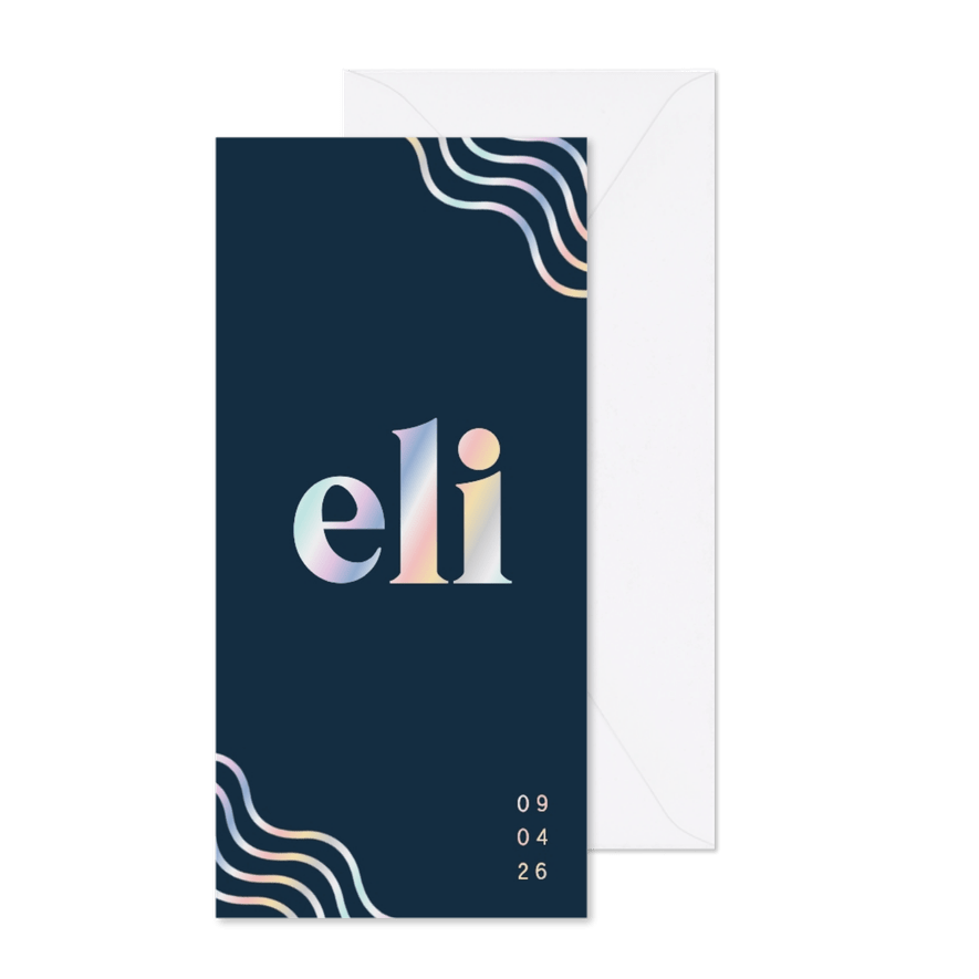 Geboortekaartje blauw abstracte lijnen & holografisch folie  - Kaartimpressie