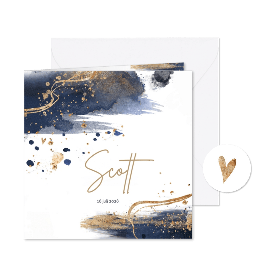 Geboortekaartje blauw aquarelverf met goudlook - Kaartimpressie