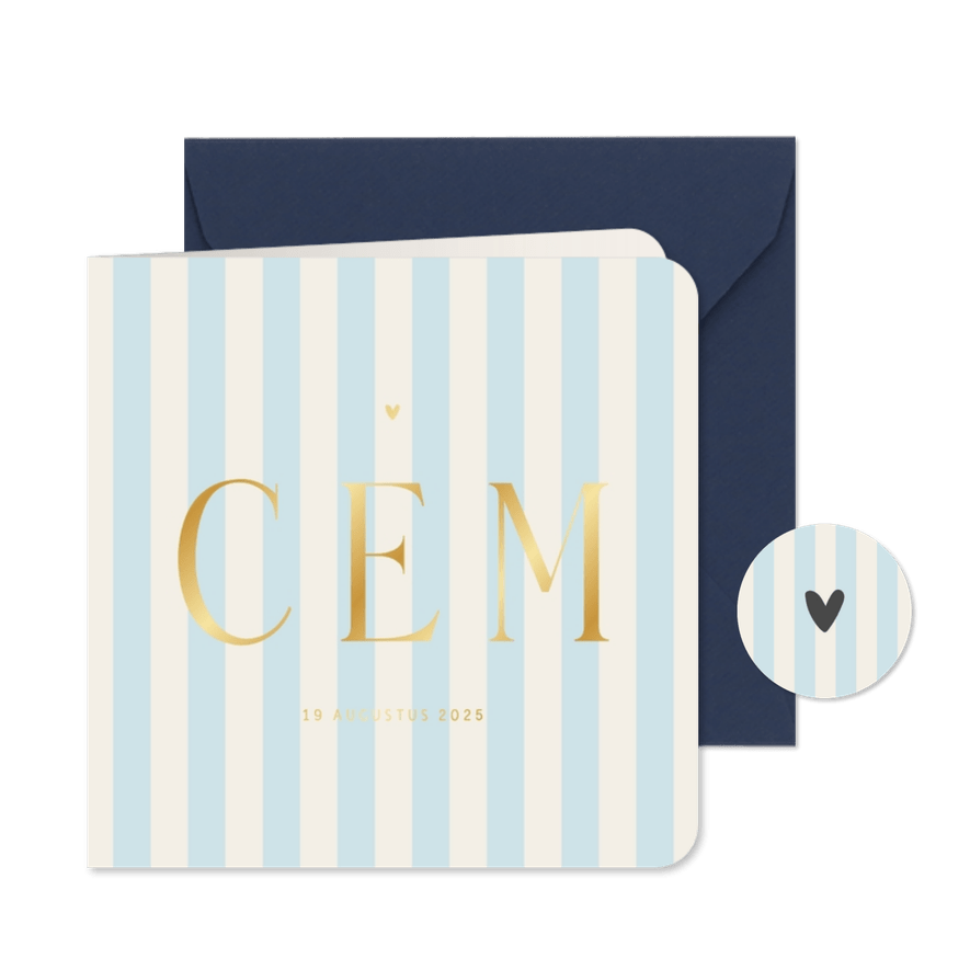 Geboortekaartje blauw beige gestreept goudfolie vierkant - Kaartimpressie