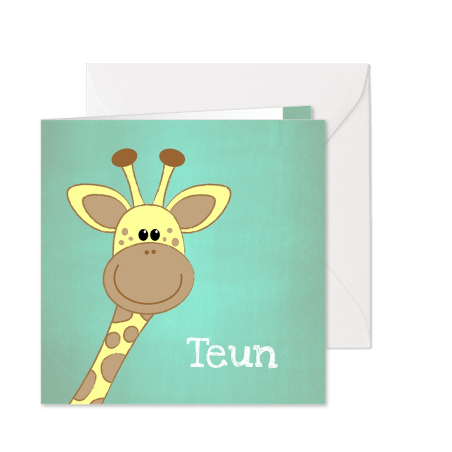 Geboortekaartje blauw groen met een lief girafje - Kaartimpressie