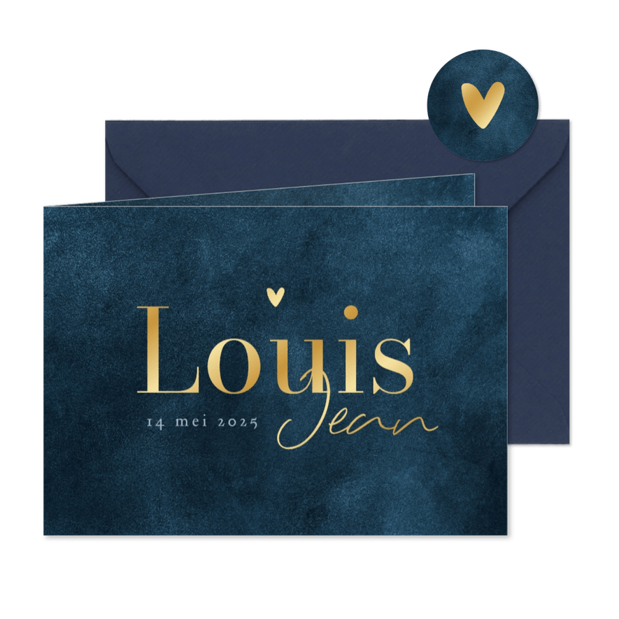 Geboortekaartje blauw stijlvol hartje goud - Kaartimpressie