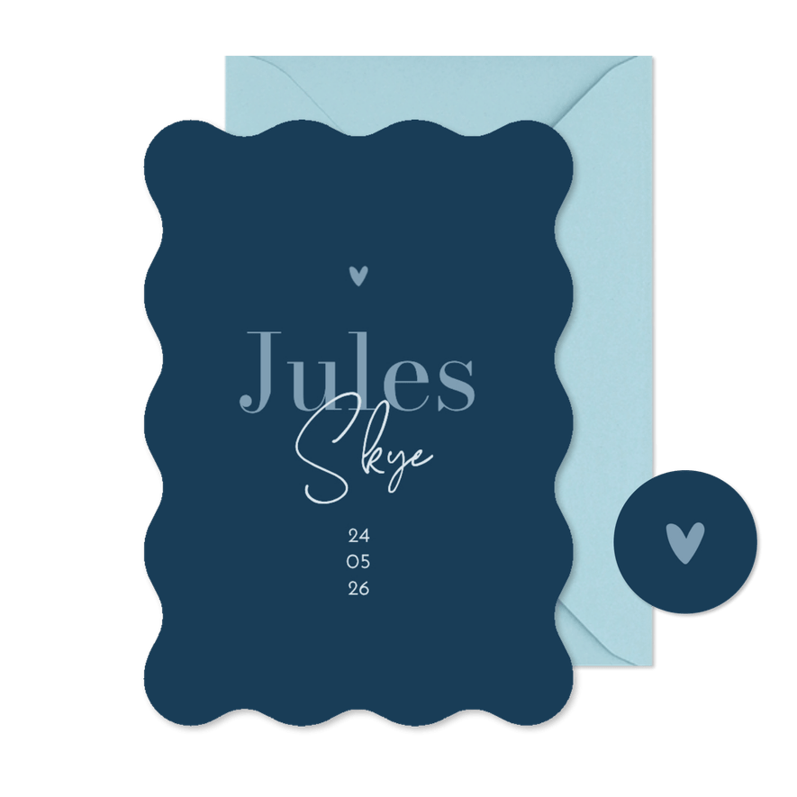 Geboortekaartje blauw wave vorm stijlvol jongen hartje - Kaartimpressie