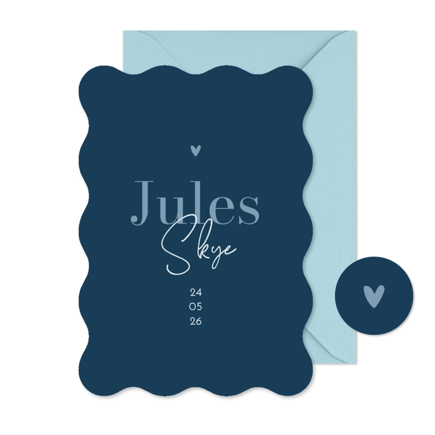 Geboortekaartje blauw wave vorm stijlvol jongen hartje - Kaartimpressie