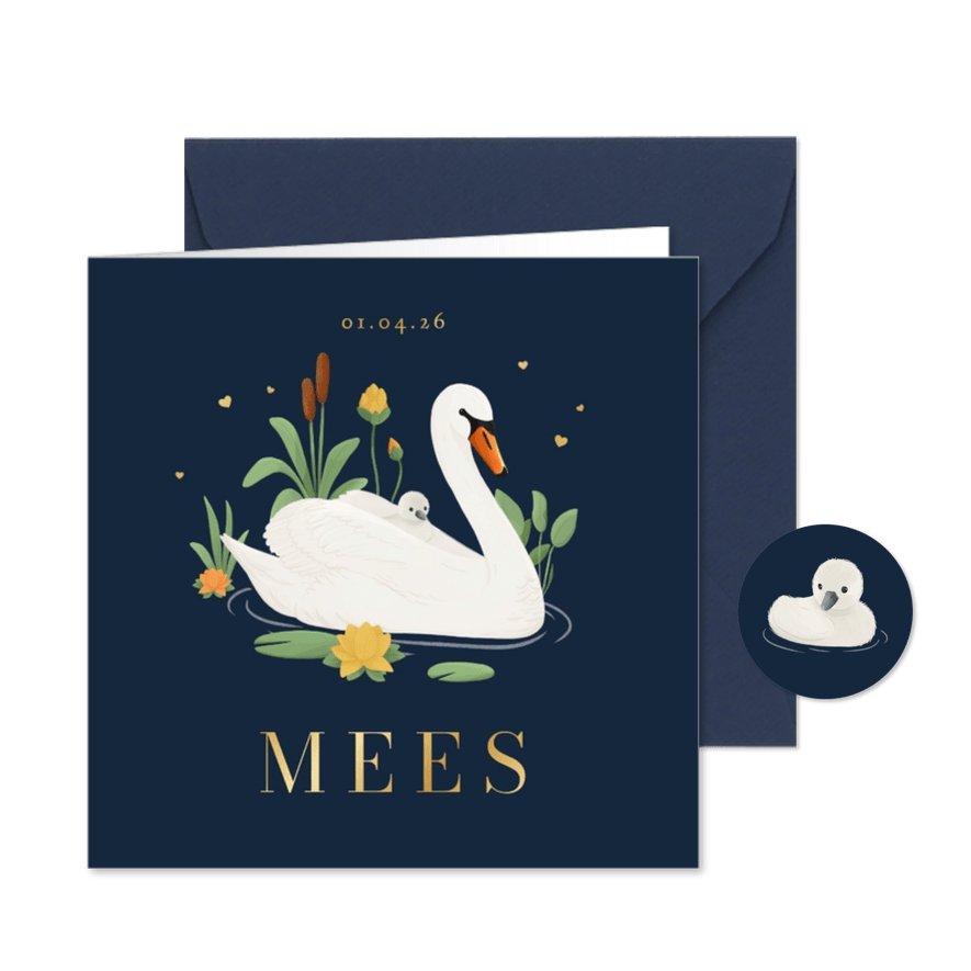 Geboortekaartje blauw zwaan waterlelie groen stijlvol goud - Kaartimpressie