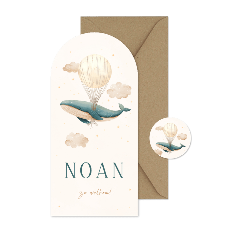 Geboortekaartje blauwe walvis boog met sterren en maan - Kaartimpressie