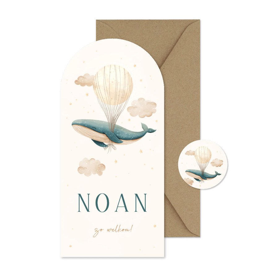  Geboortekaartje blauwe walvis boog met sterren en maan - Kaartimpressie