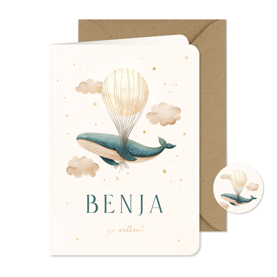 Geboortekaartje blauwe walvis met maan en foliedruk sterren - Kaartimpressie