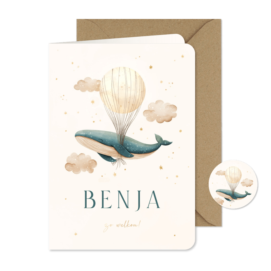 Geboortekaartje blauwe walvis met maan en foliedruk sterren - Kaartimpressie
