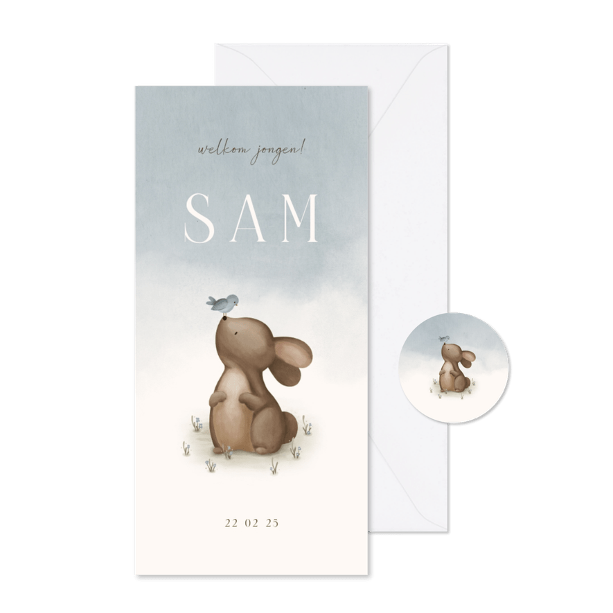 Geboortekaartje blauwe waterverf met een konijn en vogeltje - Kaartimpressie
