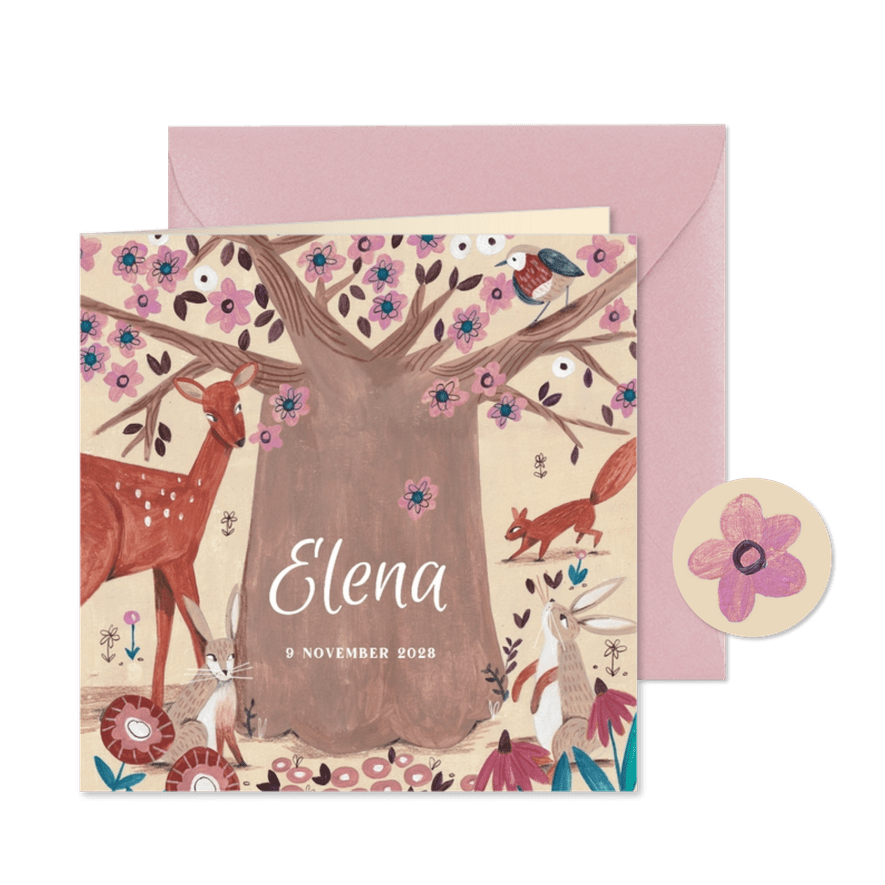 Geboortekaartje bloemen boom in dieren bos roze - Kaartimpressie