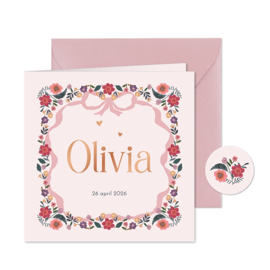 Geboortekaartje bloemen en roze strik vierkant - Kaartimpressie