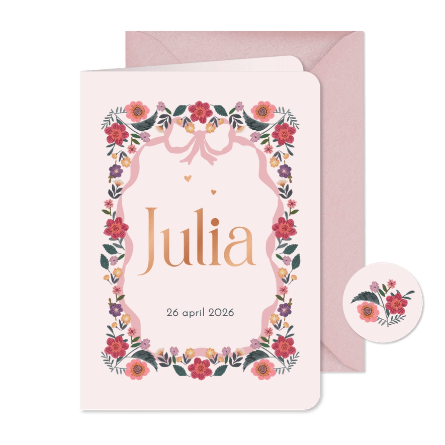 Geboortekaartje bloemen en roze strik - Kaartimpressie