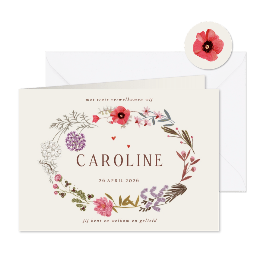 Geboortekaartje bloemen krans ovaal klassiek - Kaartimpressie