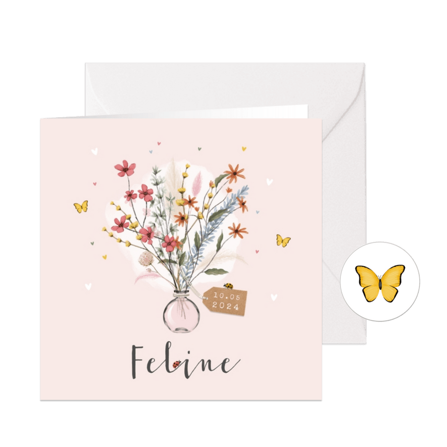 Geboortekaartje bloemen lief hartjes label vlinders - Kaartimpressie