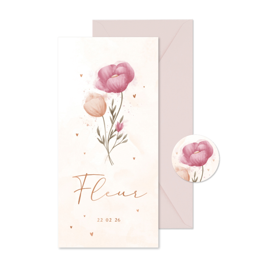 Geboortekaartje bloemen met koperen hartjes waterverf - Kaartimpressie