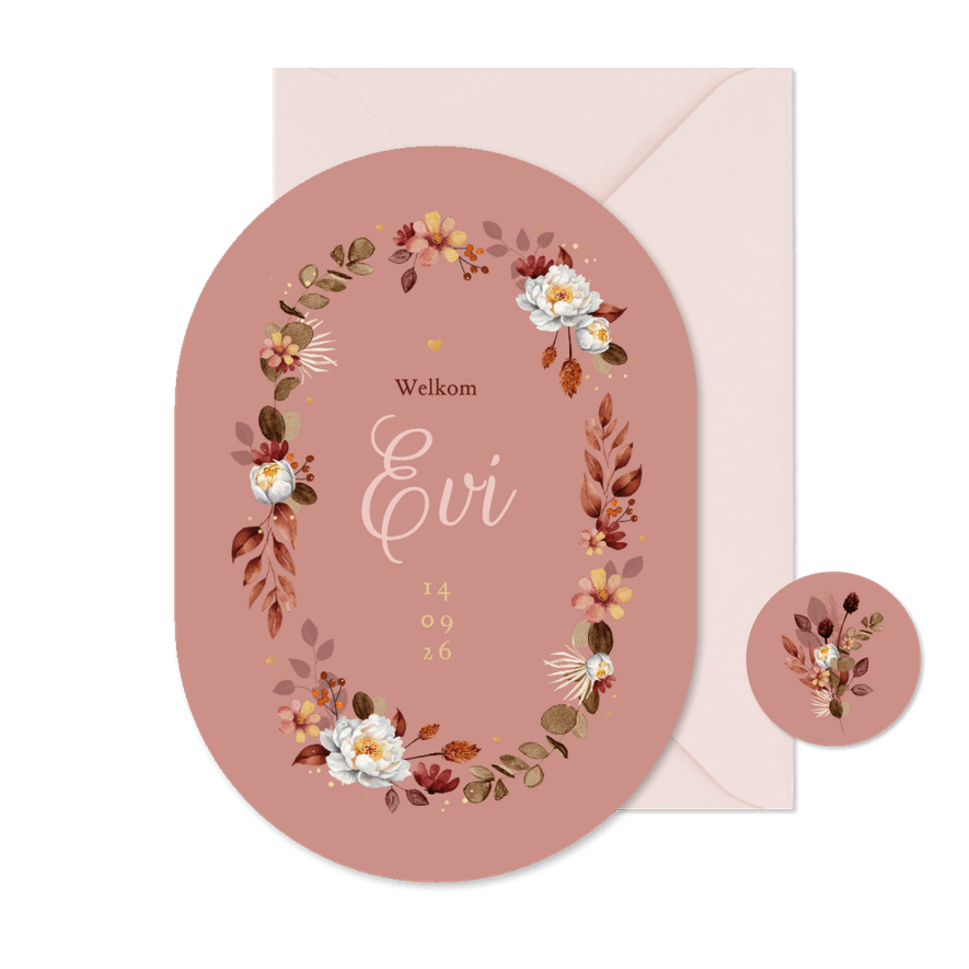 Geboortekaartje bloemen oudroze goud stijlvol ovaal - Kaartimpressie