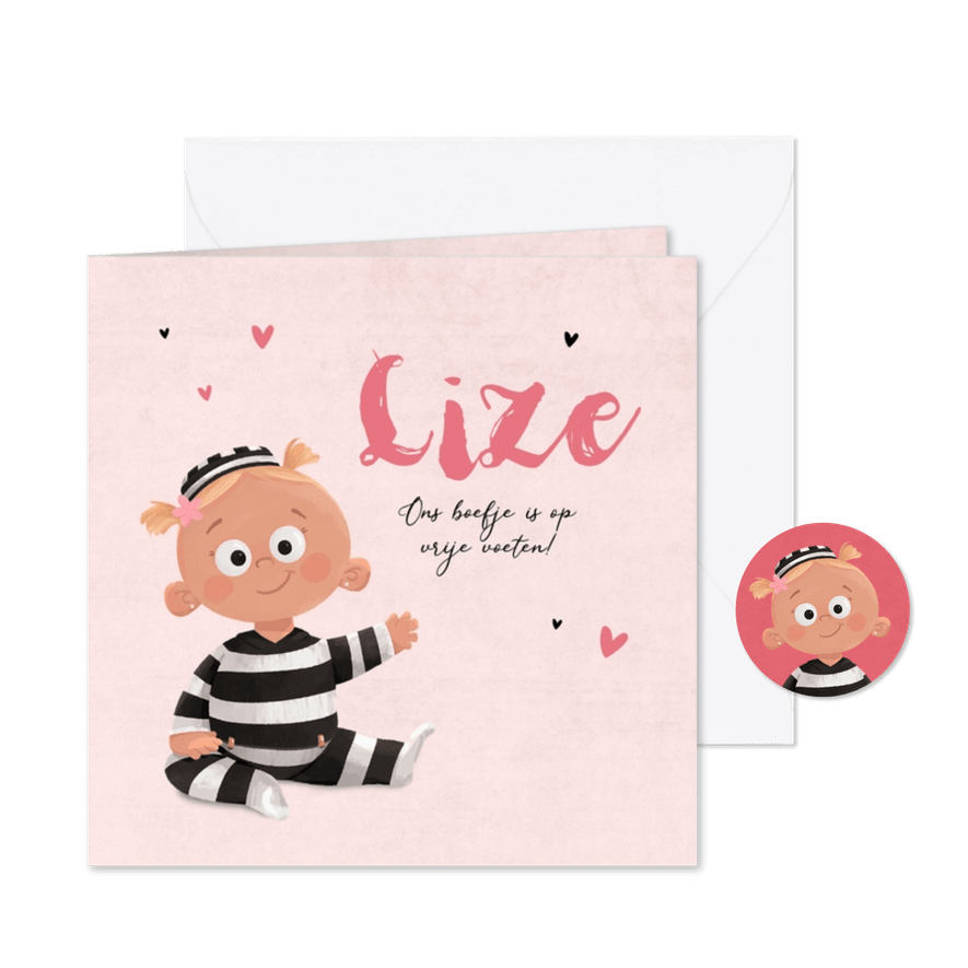 Geboortekaartje boefje meisje baby roze kraft hartjes - Kaartimpressie