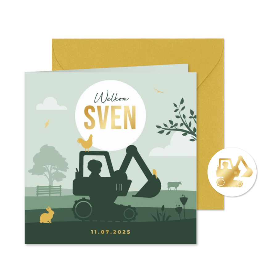 Geboortekaartje boerderij graafmachine silhouet jongen - Kaartimpressie