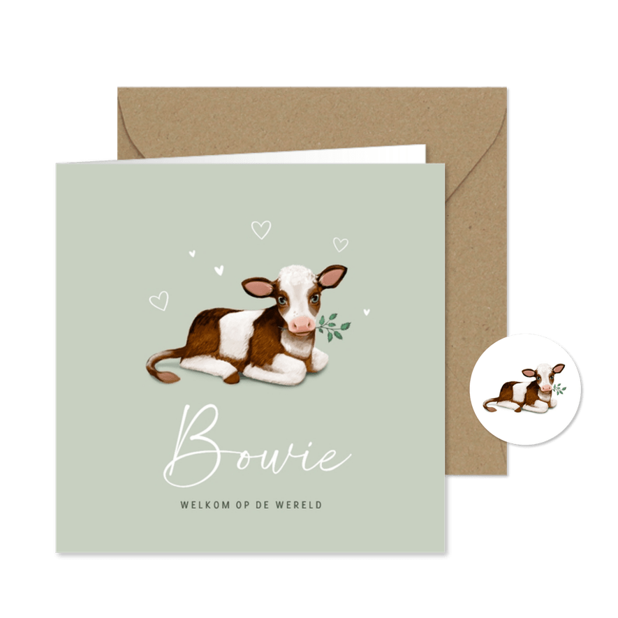 Geboortekaartje boerderij koe kalfje groen unisex hartjes - Kaartimpressie