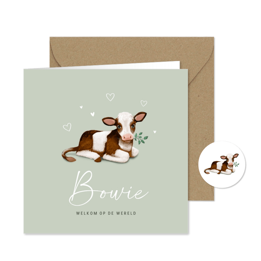 Geboortekaartje boerderij koe kalfje groen unisex hartjes - Kaartimpressie