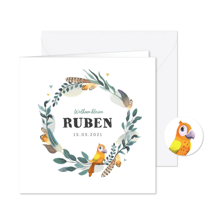 Geboortekaartje bohemian met geïllustreerd vogeltje - Kaartimpressie
