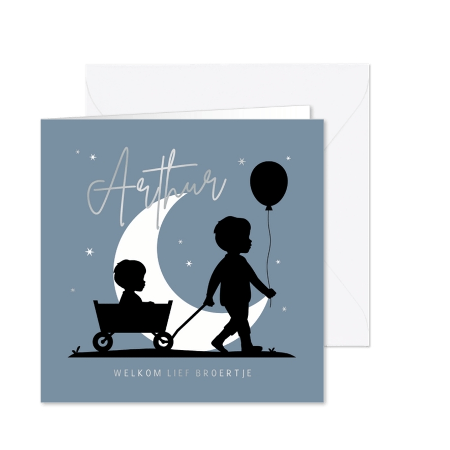 Geboortekaartje bolderkar broertje silhouet maan - Kaartimpressie