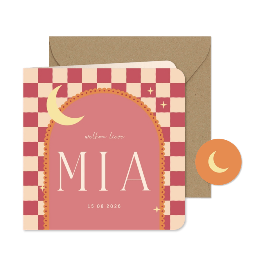 Geboortekaartje boog roze oranje ruitjes met maan - Kaartimpressie