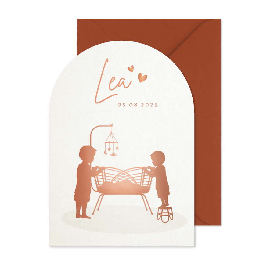 Geboortekaartje boog vorm met silhouet 2 broers en baby - Kaartimpressie