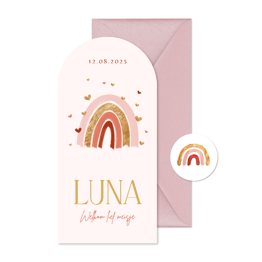 Geboortekaartje boogkaart regenboog roze hartjes goud - Kaartimpressie