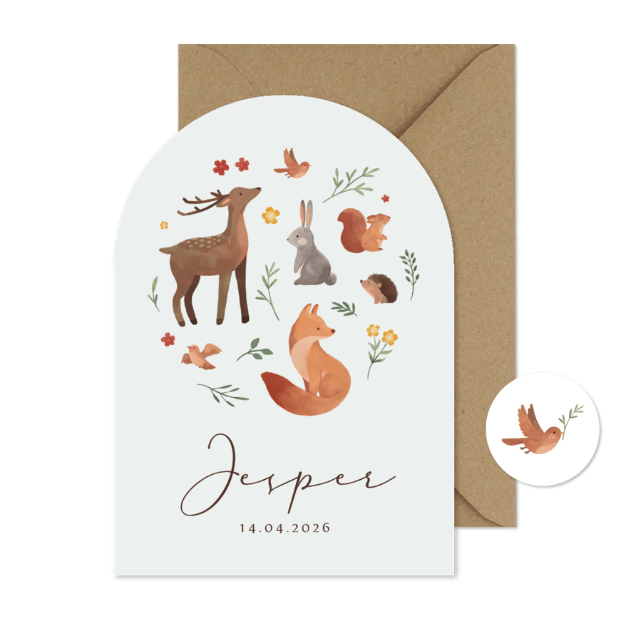 Geboortekaartje boogvorm dieren lente bloemen lief - Kaartimpressie