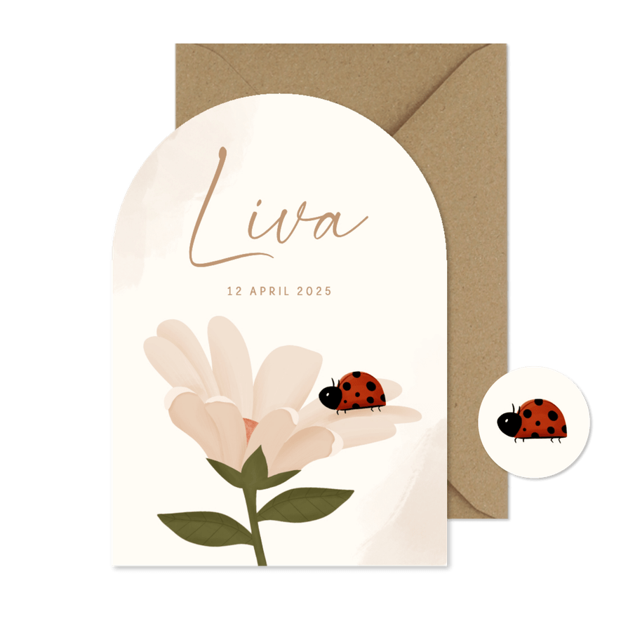 Geboortekaartje boogvorm met lieveheersbeestje op bloem - Kaartimpressie