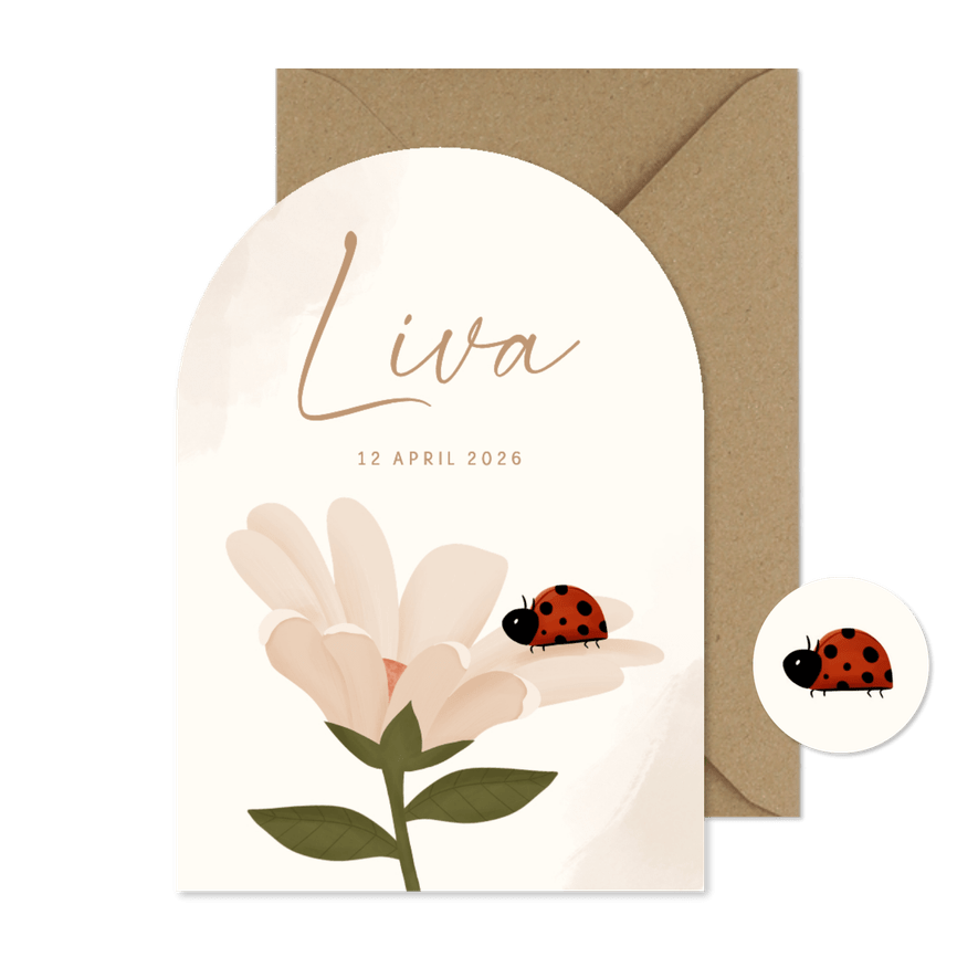 Geboortekaartje boogvorm met lieveheersbeestje op bloem - Kaartimpressie